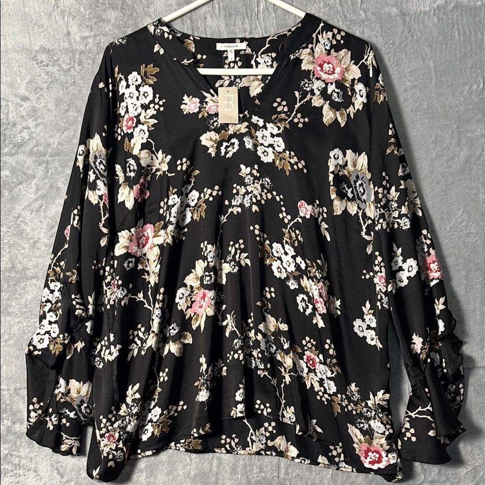 NWT New Maurice’s Black Floral Ruffle Sleeves Lightweight Shirt Top Size 2